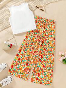 Tween Girl 2 Pieces Casual Set: Cartoon Portrait Graphic Cropped T-Shirt And Floral Outdoor Pants Outfit - Multicolor - View 2