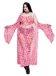 Whyspr Bộ 3 món áo khoác lưới dài hình trái tim ngày lễ tình nhân cỡ lớn cho nữ, áo ba lỗ và quần ống loe, thanh lịch và gợi cảm - Hồng - Xem 6