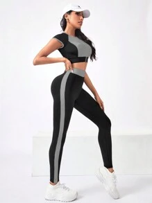SHEIN Dewbera 2 件/套女士修身运动服套装：拉链圆领短袖上衣和长裤女士健身套装女士紧身裤套装 - 彩色 - 查看 6