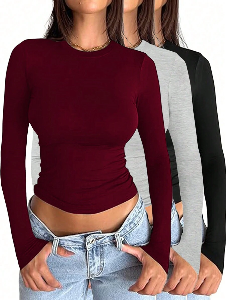 INAWLY Solva Camiseta ajustada de manga larga y cuello redondo de color liso para mujer, para otoño - Multicolor - Ver 1