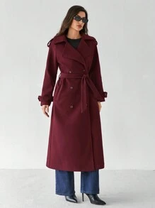 SHEIN Tall Chaqueta larga de manga larga con botones delanteros sencilla de color borgoña, abrigo largo de lana burdeos vintage de uso casual diario, abrigado y grueso para disfraces de invierno de Acción de Gracias, Halloween, Navidad y otoño para mujeres