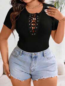 EMERY ROSE Plus Size Solid Color Front Tie Short Sleeve Casual Top - Black - View 8