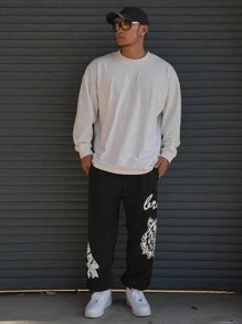 DAZY Pantaloni de trening negri pentru bărbați, cu imprimeu de cap de tigru, stil stradal - Negru - Vizualizare 3