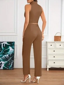 Chiquease Conjunto de dos piezas de chaleco y pantalones de traje informal sin mangas para mujer, conjunto de ropa de otoño casual - Marrón - Ver 2