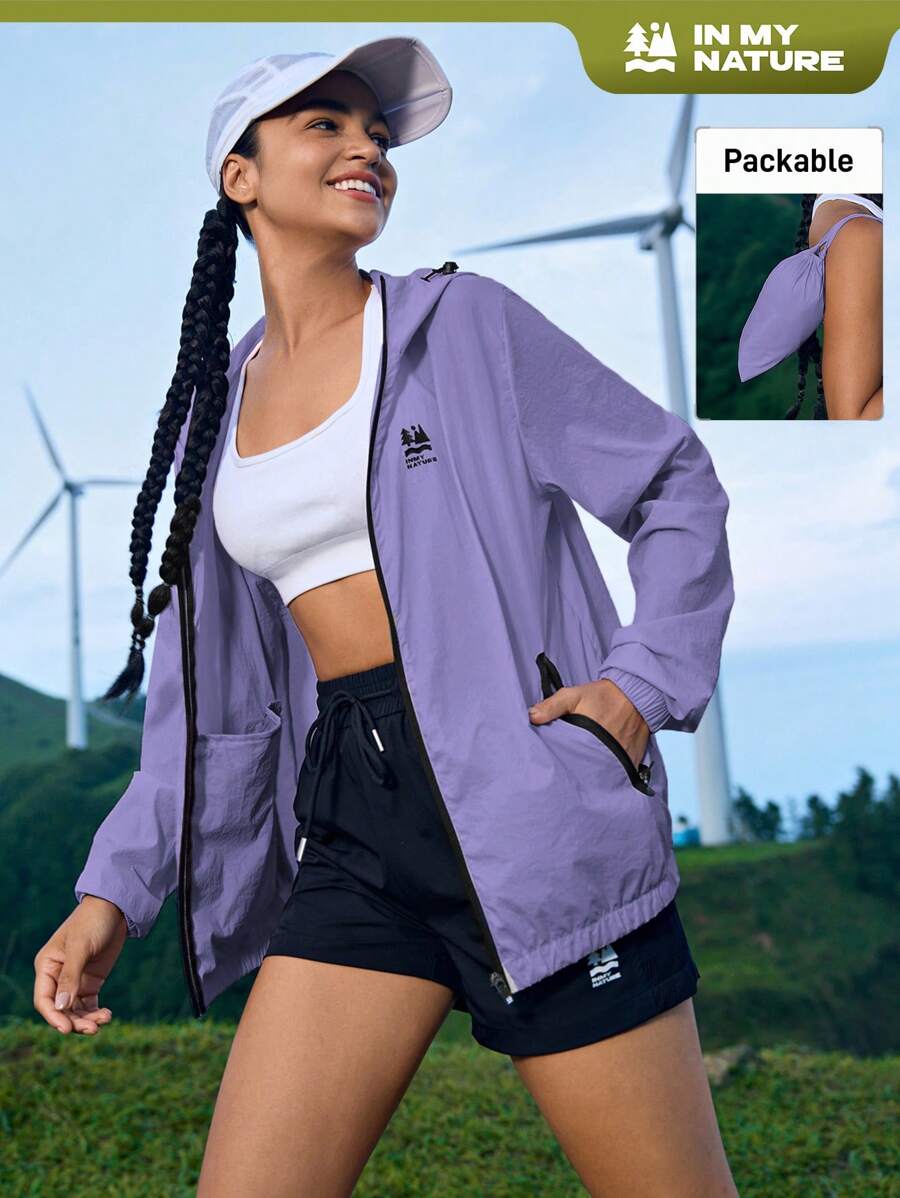 In My Nature 女式字母印花连帽长袖户外雨衣外套女式徒步服装 - 淡紫色 - 查看 1