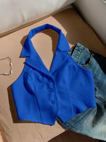 SHEIN EZwear Blazer sin mangas de mujer tejido azul marino