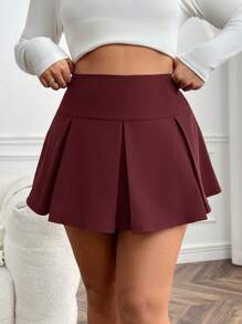 SHEIN EZwear Plus Size Women High Waist Pleated Short Mini Skirt - Burgundy - View 1