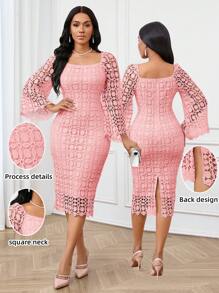 SHEIN Lady Robe de bal de mascarade de saison automnale. Robe élégante pour femme en automne, robe violette en dentelle au tissu ajouré. Robe de mariée en dentelle. Robe de retour aux études violette. Tenue élégante avec manches longues en dentelle pour concert. Robe à manches longues évasée et élégante pour femme en automne - Vieux Rose - Voir 1