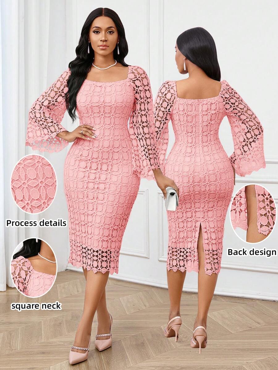 SHEIN Lady Robe de bal de mascarade de saison automnale. Robe élégante pour femme en automne, robe violette en dentelle au tissu ajouré. Robe de mariée en dentelle. Robe de retour aux études violette. Tenue élégante avec manches longues en dentelle pour concert. Robe à manches longues évasée et élégante pour femme en automne - Vieux Rose - Voir 1