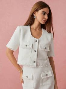 Enchnt 春冬浪漫女士时尚白色金属纽扣装饰短袖流苏粗花呢夹克，甜美优雅，适合情人节、节日、甜蜜约会和日常通勤 - 白色 - 查看 6