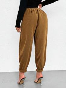 Maweii 大码女式纯色松紧腰口袋直腿灯芯绒裤