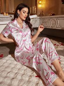 LuxeNights 2pcs Bow Print Faux Silk Notch Collar Short Sleeve Pajama Set Bowknot - White - View 6