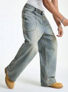 Manfinity EZcore 男士浅蓝色水洗牛仔布复古宽松阔腿牛仔裤 - 淺色水洗藍 - 查看 8