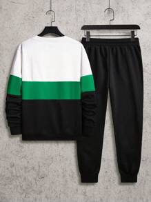 Manfinity Homme Men's Crew Neck Solid Color Splice Simple Long Sleeve Top And Pants Casual Suit