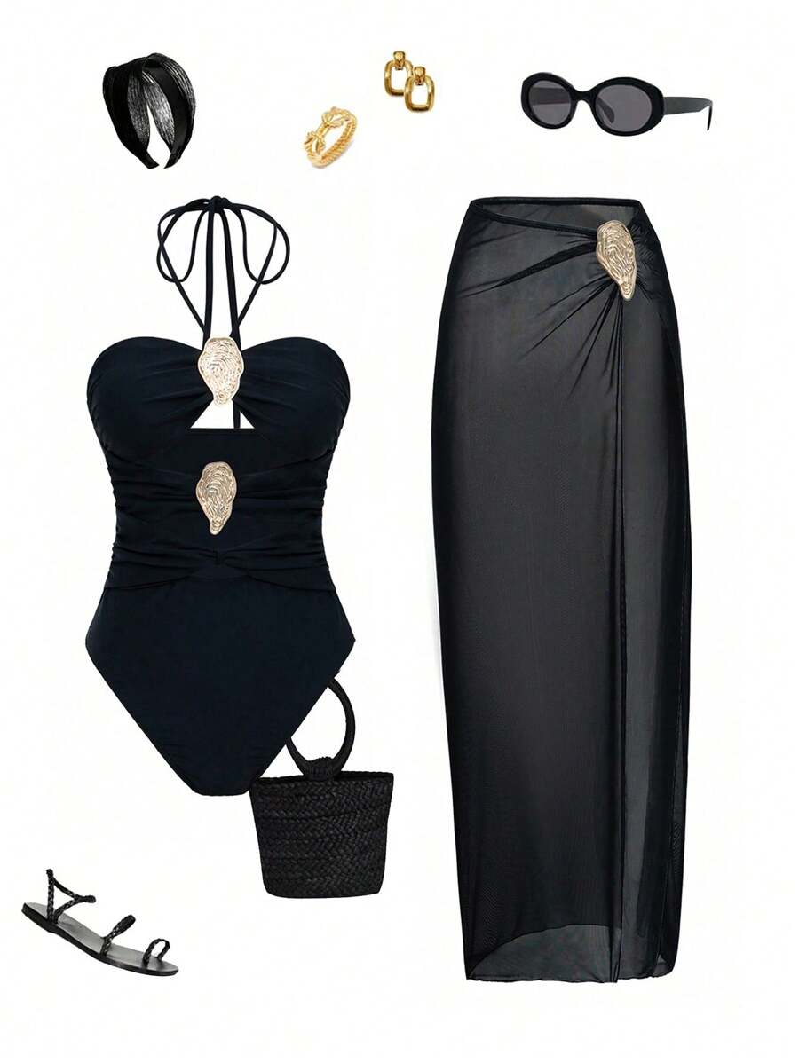 Swim Oasis 2 件套女士纯色金属镂空吊带连体泳衣和网眼沙滩罩裙套装夏季 - 黑色 - 查看 1