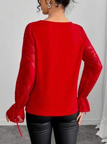 INAWLY Camiseta de mujer con bordado elegante, manga larga, color rojo, blusa de primavera, atuendo para fiesta de vacaciones en el Día de San Valentín - Rojo - Ver 2