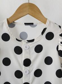 2pcs/Set Young Girl Cute Polka Dot Round Neck Short Sleeve Shirt And Wide Leg Pants Set, Suitable For Spring/Summer - Black and White - View 5