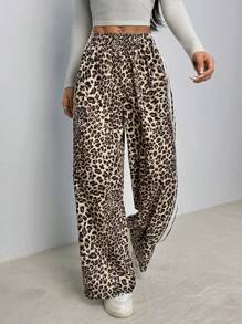 SHEIN PETITE Quần nỉ họa tiết da báo thường ngày mùa xuân và mùa hè cho nữ đồng phục trở lại trường - màu nâu - Xem 4