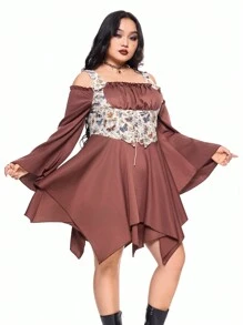 ROMWE Fairycore Váy xòe tay loe họa tiết bướm Jacquard cỡ lớn Faireycore màu tương phản viền bất đối xứng - màu nâu - Xem 3
