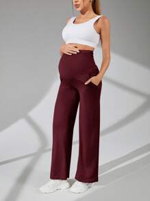 SHEIN Maternity Solid Color High Waist Side Pleat Loose Straight Leg Sweatpants - Burgundy - View 3