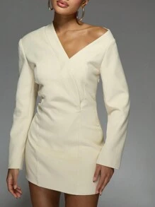 MISSGUIDED Asymmetric Off Shoulder Blazer Dress - Beige - View 5