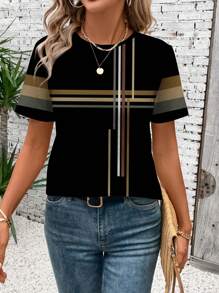 SHEIN LUNE Camiseta de manga corta holgada con cuello redondo, de estilo minimalista y bloques de color geométricos, para mujer