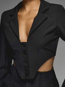 MISSGUIDED Asymmetric Hem Buttoned Lapel Collar Long Sleeves Crop Blazer And Pleat Stitch Pants Two Piece Co-Ord Set - Black - View 5