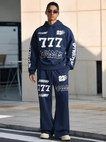 Manfinity VCAY 2 Pieces Men's Loose Drop Shoulder Long Sleeve Sweatsuit Set, Suitable For Everyday Wear