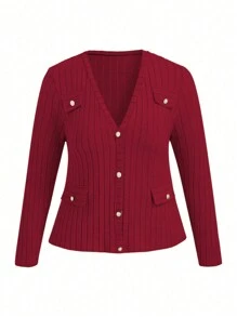 SHEIN Clasi Bộ đồ vest thanh lịch 2 món cổ chữ V tay dài màu trơn cỡ lớn cho nữ và chân váy bút chì, mùa thu - Màu Đỏ Sâu - Xem 8