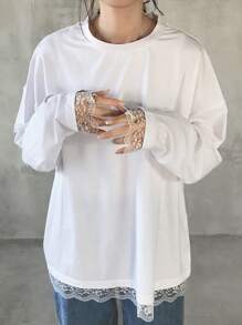 FRIFUL Women's Loose Fit Lace Trim Wide Sleeve T-Shirt, Layerable Spring Clothing