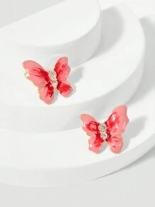 SHEIN MOD Brincos de Botão com Formato de Borboleta Vermelha e Rosa, Adequados para Uso Diário