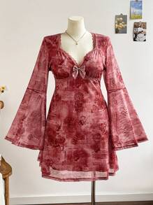 Soleia Vestido holgado estilo retro de manga larga con cuello cuadrado, con estampado de rosa rojo oscuro, ribete de encaje y estampado de malla en corte evasé para mujeres de talla grande, ideal para vacaciones
