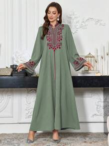 Al Najma 花卉刺绣立领长袖阿拉伯连衣裙，朴素的卡夫坦 - 薄荷綠 - 查看 4