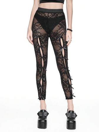 Goth Leggings in pizzo da donna con decorazione fiocco e design traforato, abbinabili a gonne in stile gotico