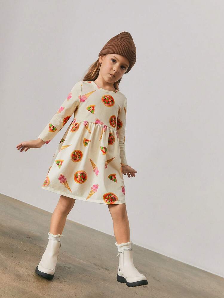 Young Girl Loose Casual Round Neck Patterned Long Sleeve Dress