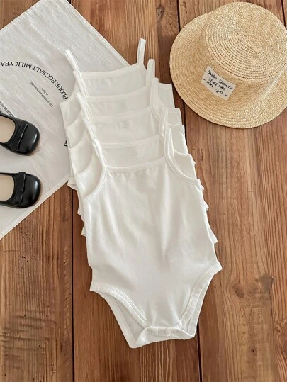 SHEIN LMoss Kids Babyflicka 5 delar Casual Enkel Stickning Mjuk Stretchig Enfärgad Spaghettibandsbody, Lämplig För Sommaren
