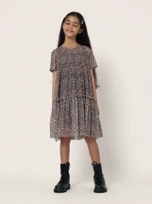 SUMWON 网眼动物印花女童派对连衣裙分层短袖A字豹纹秋冬薄纱连衣裙搭配战斗靴