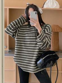 DAZY Women Striped Round Neck Loose Casual Long Sleeve T-Shirt, Autumn - Multicolor - View 8