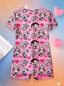THE POWERPUFF GIRLS X SHEIN Tween Girl Random Cartoon Character Heart Print Button Front Snug Fit Lounge Romper - Pink - View 2