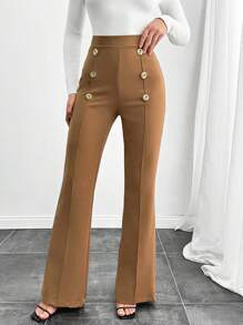 SHEIN Tall Tall Size Double Breasted Decorative Flared Trousers - Camel - View 5