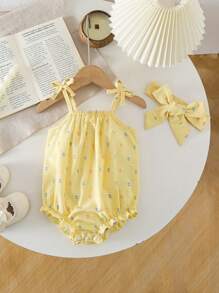 SHEIN Vintaside Kids 女婴春夏新款可爱休闲乡村日常趣味黄色格子3D彩色波点纹理面料蝴蝶结背带宽松连体衣+发带两件套 - 黃色 - 查看 6