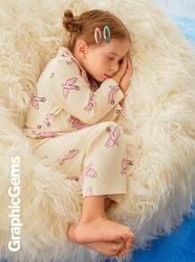 Young Girls' Cartoon Print Lapel Long Sleeve Cute Pajama Set, Suitable For Loungewear - Baby Pink - View 3