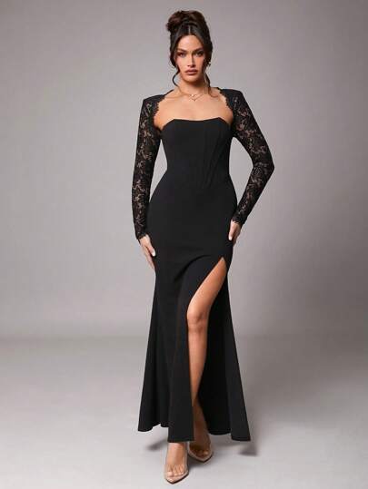Silquee 女士优雅蕾丝拼接长袖性感派对礼服，大腿高开衩，纯黑色，优质厚面料，适合鸡尾酒会、浪漫约会、正式场合、婚礼、伴娘、晚礼服、万圣节、圣诞节、黑色连衣裙、女士连衣裙、连衣裙