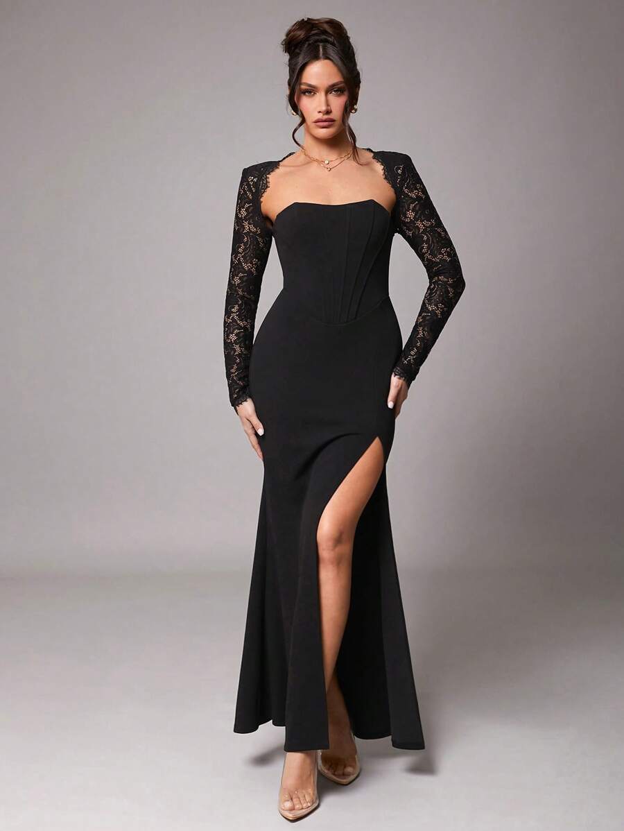 Silquee Đầm dự tiệc dài tay ren thanh lịch cho nữ, xẻ tà cao đến đùi, màu đen trơn, vải dày chất lượng cao, thích hợp cho tiệc cocktail, hẹn hò lãng mạn, những dịp trang trọng, đám cưới, phù dâu, váy dạ hội, Halloween, Giáng sinh, váy đen, váy cho nữ, váy - màu đen - Xem 1