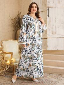 Al Najma Plus Size Women Arabic Style Printed Patchwork V-Neck Long Dress - Multicolor - View 4