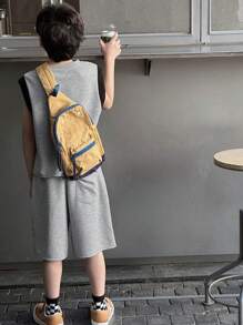 DAZY 2pcs Tween Boys Solid Color Patched Round Neck Letter Print Simple Top And Pants Set,Back To School Clothes