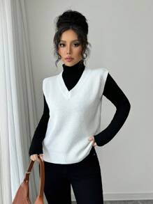 Chiquease 2024 Autumn/Winter V-Neck Plaid Pattern Loose Knitted Vest Sweater For Women - White - View 3