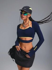 Innovista 女士3D立体曲线拼接镂空网眼运动T恤上衣，蓝色撞色设计，性感长袖，适合女孩运动、健身、锻炼、瑜伽、日常休闲、跑步等场合，秋季女装，健身服，跑步运动秋季女装，清爽浅蓝色 - 藏蓝色 - 查看 11