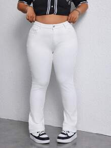 SHEIN EZwear Plus Size Women Pocket Flare Casual Versatile Denim Jeans - White - View 1