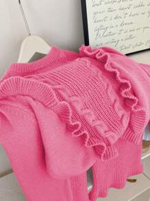 2 pièces Top de sweater à manches longues avec col volant et pantalon en tricot de couleur unie, ensemble pour préadolescentes
